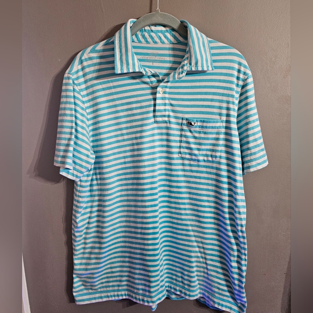 Vineyard Vines Men's Aqua and White Striped Polo